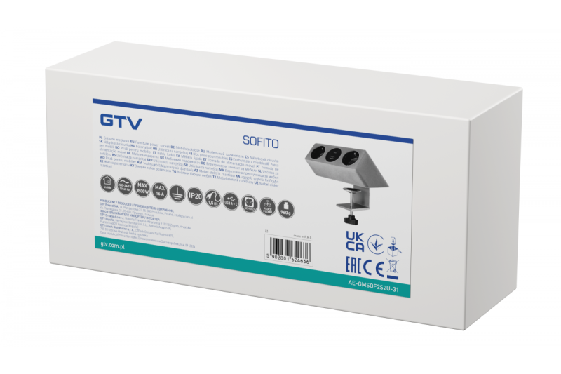 Møbelstik SOFITO, 2xSHUKO, USB A+C, kabel 1,5 m, grå flock