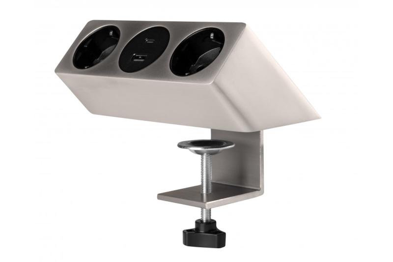 Møbelstik SOFITO, 2xSCHUKO, USB A+C, kabel 1,5 m, rustfrit stål