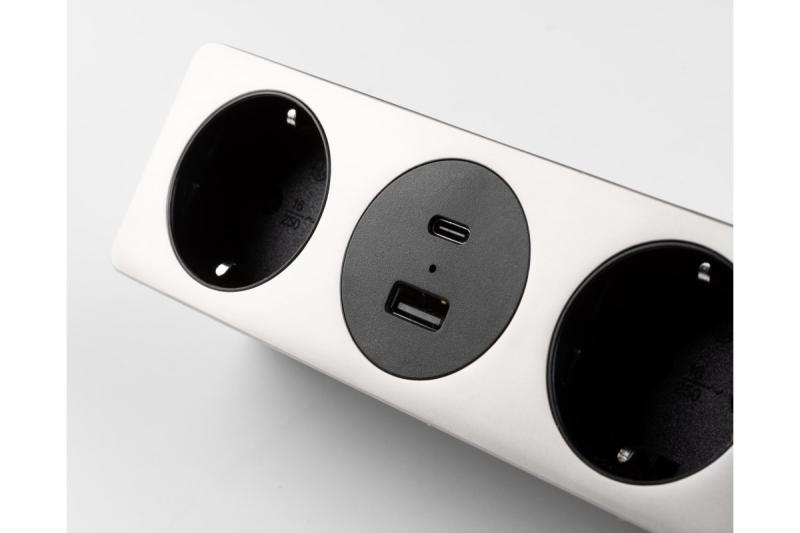 Møbelstik SOFITO, 2xSCHUKO, USB A+C, kabel 1,5 m, rustfrit stål