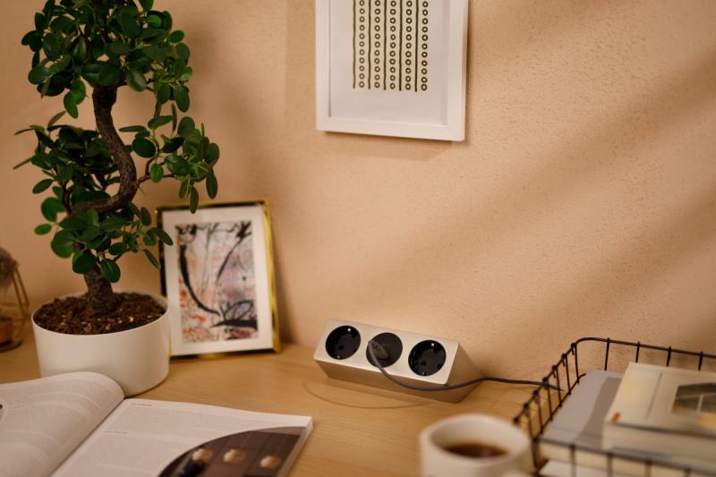 Møbelstik SOFITO, 2xSCHUKO, USB A+C, kabel 1,5 m, rustfrit stål