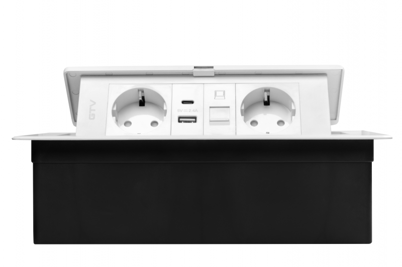 Møbelstik MULTISOFT, 2xSHUKO, USB A+C, RJ45, kabel 1,5 m, hvid