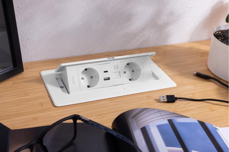 Møbelstik MULTISOFT, 2xSHUKO, USB A+C, RJ45, kabel 1,5 m, hvid