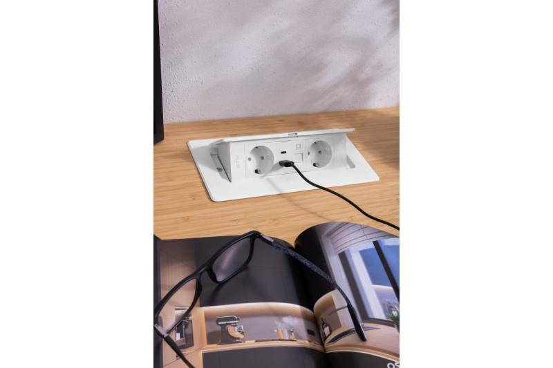 Møbelstik MULTISOFT, 2xSHUKO, USB A+C, RJ45, kabel 1,5 m, hvid