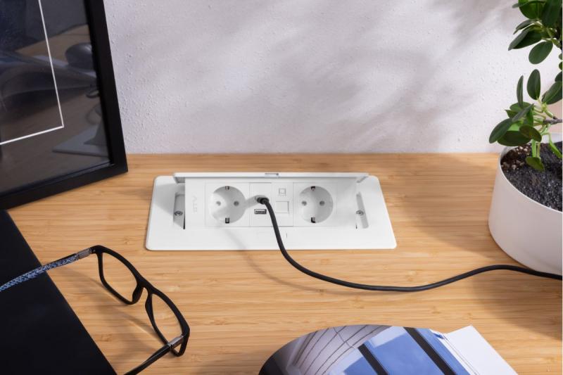 Møbelstik MULTISOFT, 2xSHUKO, USB A+C, RJ45, kabel 1,5 m, hvid