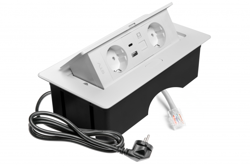 Møbelstik MULTISOFT, 2xSHUKO, USB A+C, RJ45, kabel 1,5 m, hvid