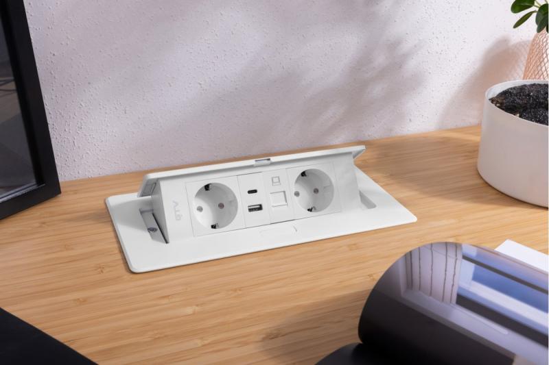 Møbelstik MULTISOFT, 2xSHUKO, USB A+C, RJ45, kabel 1,5 m, hvid