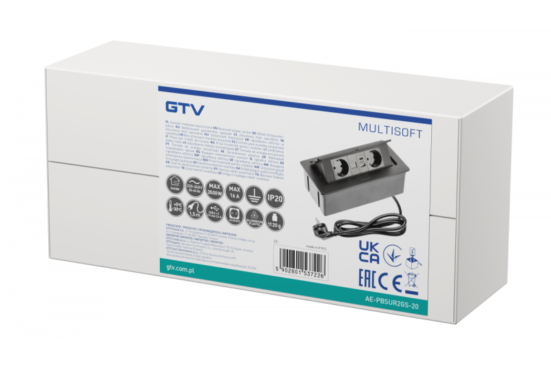 Møbelstik MULTISOFT, 2xSHUKO, USB A+C, RJ45, kabel 1,5 m, sort