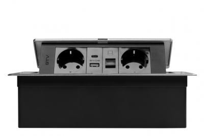 Møbelstik MULTISOFT, 2xSCHUKO, USB A+C, RJ45, kabel 1,5 m, aluminium