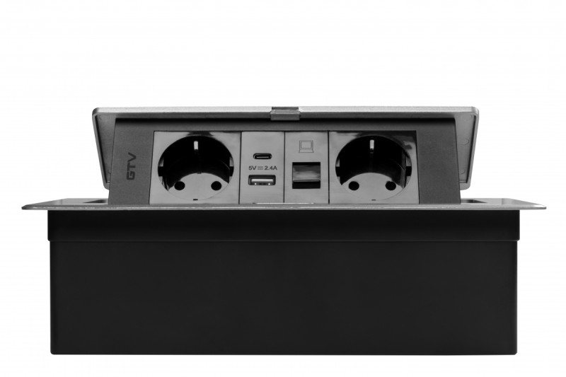 Møbelstik MULTISOFT, 2xSCHUKO, USB A+C, RJ45, kabel 1,5 m, aluminium