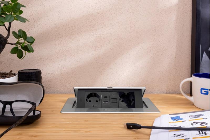 Møbelstik MULTISOFT, 2xSCHUKO, USB A+C, RJ45, kabel 1,5 m, aluminium