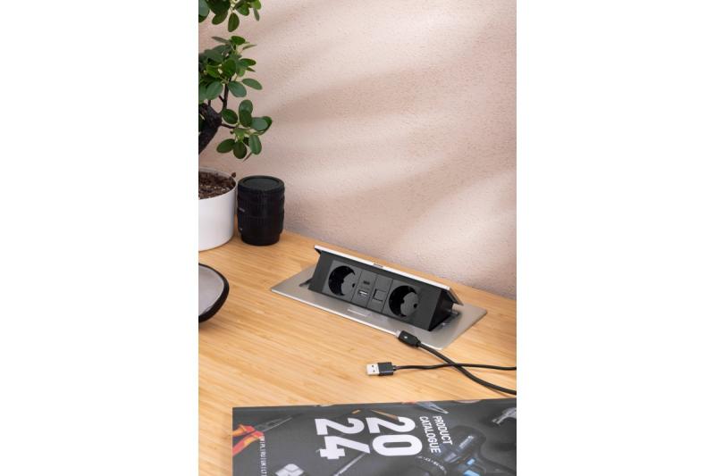 Møbelstik MULTISOFT, 2xSCHUKO, USB A+C, RJ45, kabel 1,5 m, aluminium