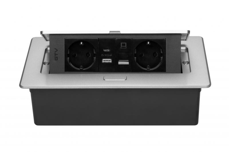 Møbelstik MULTISOFT, 2xSCHUKO, USB A+C, RJ45, kabel 1,5 m, aluminium