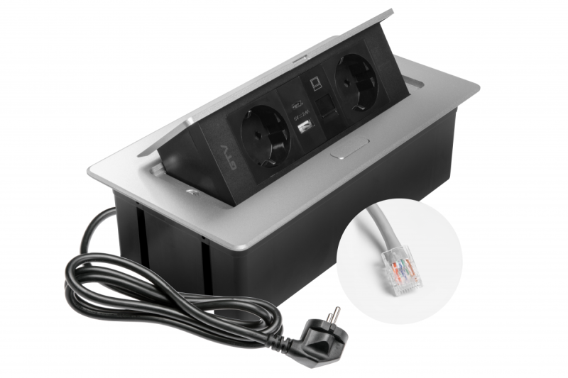 Møbelstik MULTISOFT, 2xSCHUKO, USB A+C, RJ45, kabel 1,5 m, aluminium