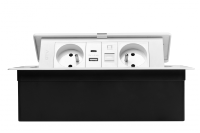 MULTISOFT Møbelstik 2x Stik med Jord, USB A+C, RJ45, Strømkabel med Stik, Hvid