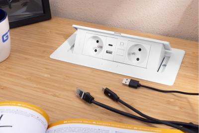 MULTISOFT Møbelstik 2x Stik med Jord, USB A+C, RJ45, Strømkabel med Stik, Hvid