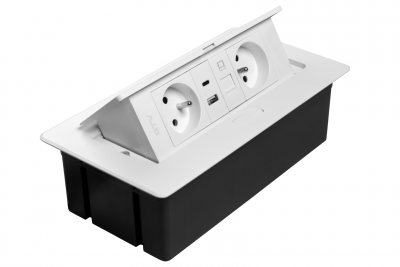 MULTISOFT Møbelstik 2x Stik med Jord, USB A+C, RJ45, Strømkabel med Stik, Hvid