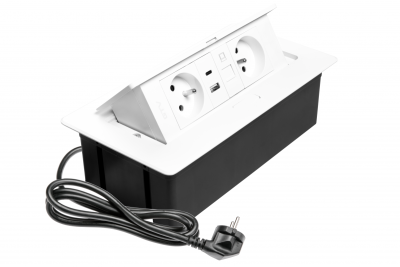 MULTISOFT Møbelstik 2x Stik med Jord, USB A+C, RJ45, Strømkabel med Stik, Hvid