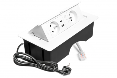 MULTISOFT Møbelstik 2x Stik med Jord, USB A+C, RJ45, Strømkabel med Stik, Hvid