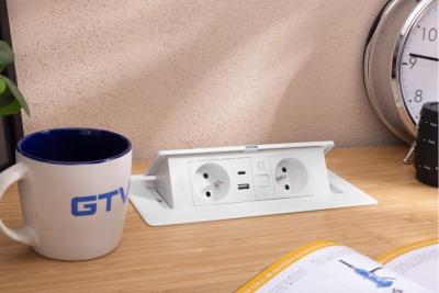 MULTISOFT Møbelstik 2x Stik med Jord, USB A+C, RJ45, Strømkabel med Stik, Hvid