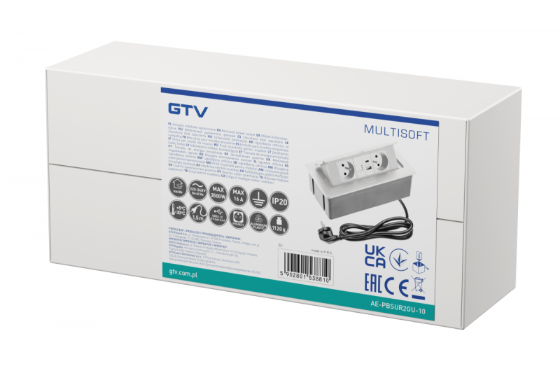 MULTISOFT Møbelstik 2x Stik med Jord, USB A+C, RJ45, Strømkabel med Stik, Hvid