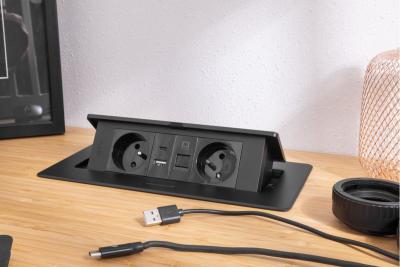 MULTISOFT Møbelstik 2x Stik med Jord, USB A+C, RJ45, Strømkabel med Stik, Sort