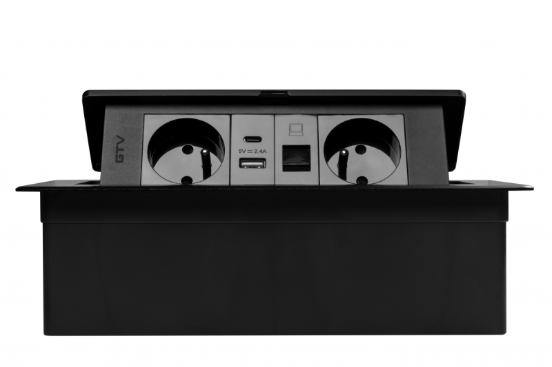 MULTISOFT Møbelstik 2x Stik med Jord, USB A+C, RJ45, Strømkabel med Stik, Sort