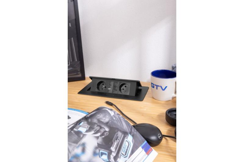 MULTISOFT Møbelstik 2x Stik med Jord, USB A+C, RJ45, Strømkabel med Stik, Sort