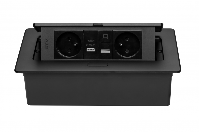 MULTISOFT Møbelstik 2x Stik med Jord, USB A+C, RJ45, Strømkabel med Stik, Sort