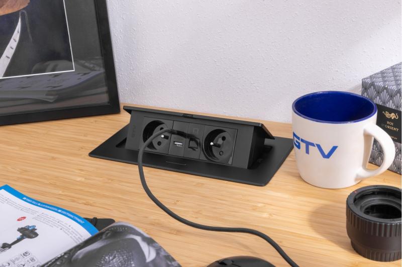 MULTISOFT Møbelstik 2x Stik med Jord, USB A+C, RJ45, Strømkabel med Stik, Sort