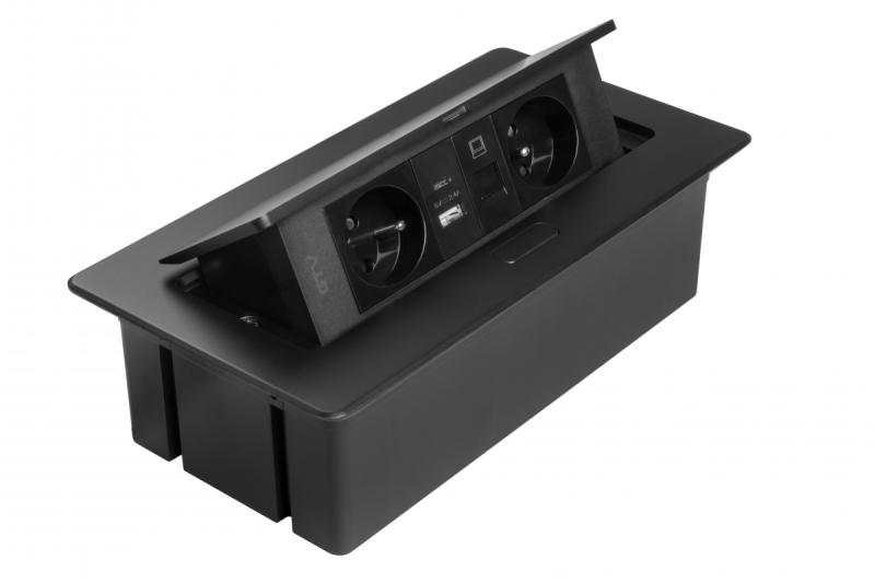 MULTISOFT Møbelstik 2x Stik med Jord, USB A+C, RJ45, Strømkabel med Stik, Sort