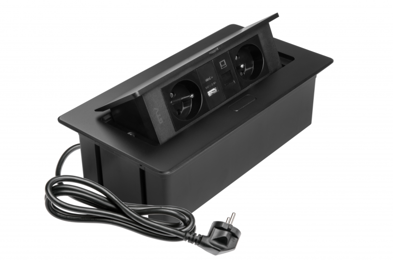 MULTISOFT Møbelstik 2x Stik med Jord, USB A+C, RJ45, Strømkabel med Stik, Sort