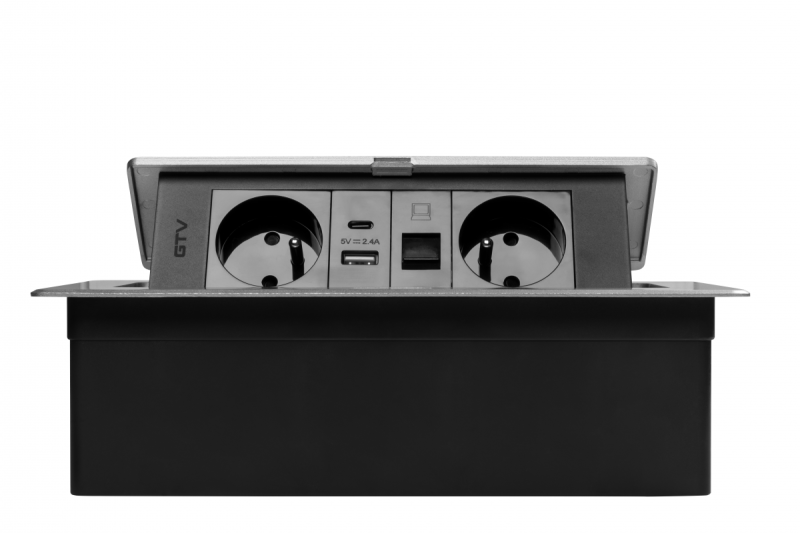 MULTISOFT Møbelstikdåse 2x Stik med Jord, USB A+C, RJ45, Strømkabel med Stik, Aluminium