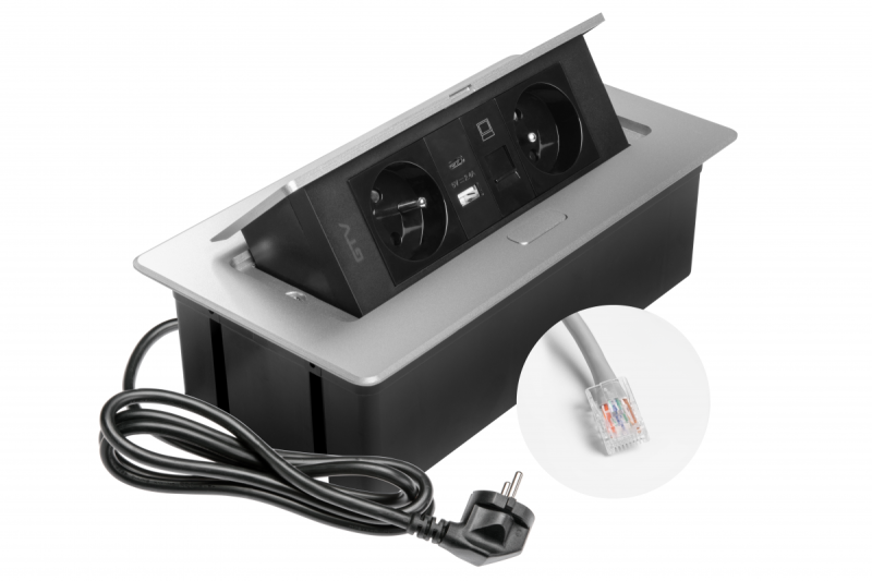 MULTISOFT Møbelstikdåse 2x Stik med Jord, USB A+C, RJ45, Strømkabel med Stik, Aluminium