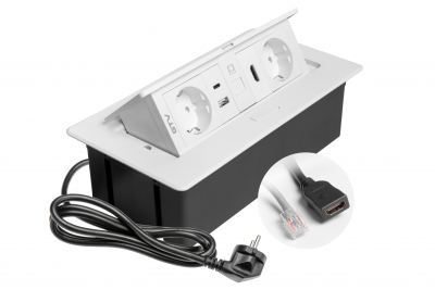 Møbelstik MULTISOFT, 2xSHUKO, USB A+C, RJ45, HDMI, kabel 1,5 m, hvid