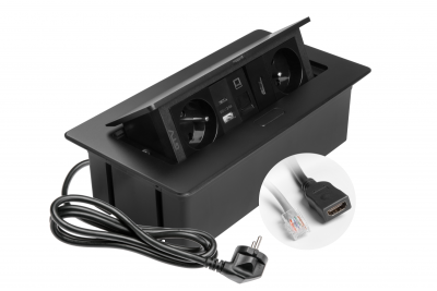 Møbelstik MULTISOFT, 2xSHUKO, USB A+C, RJ45, HDMI-kabel 1,5 m, sort