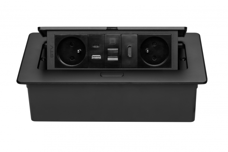 Møbelstik MULTISOFT, 2xSHUKO, USB A+C, RJ45, HDMI-kabel 1,5 m, sort
