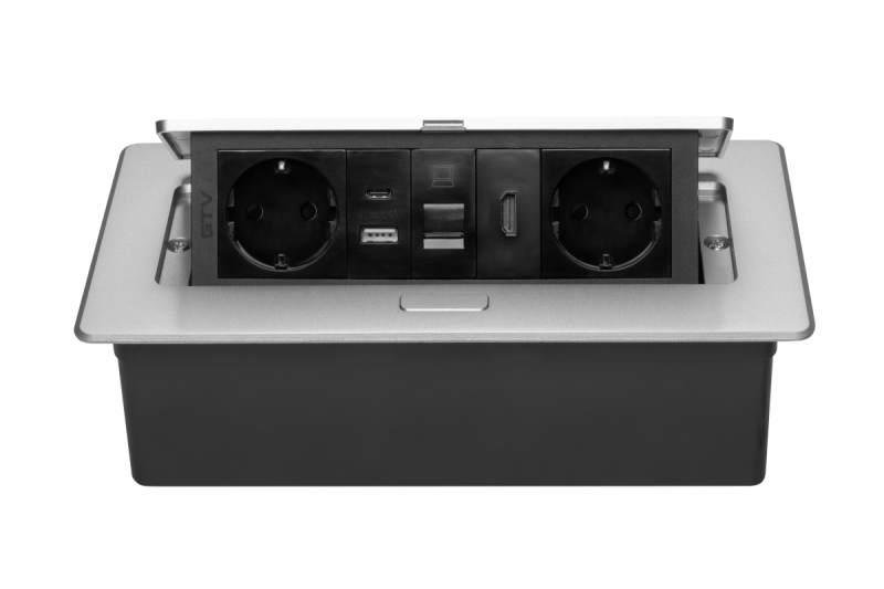 Møbelstik MULTISOFT, 2xSHUKO, USB A+C, RJ45, HDMI-kabel 1,5 m, aluminium