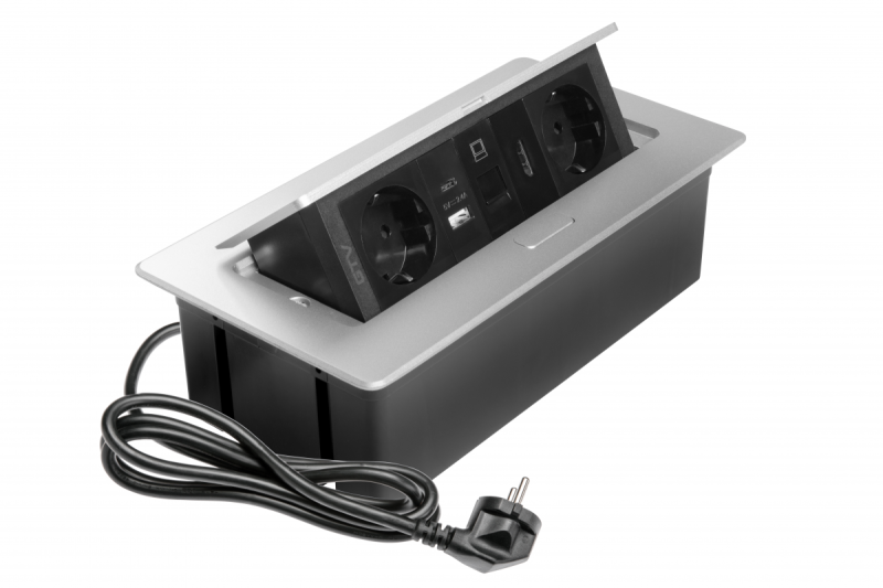 Møbelstik MULTISOFT, 2xSHUKO, USB A+C, RJ45, HDMI-kabel 1,5 m, aluminium