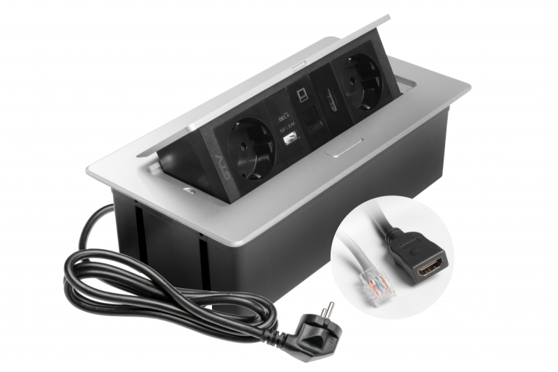 Møbelstik MULTISOFT, 2xSHUKO, USB A+C, RJ45, HDMI-kabel 1,5 m, aluminium