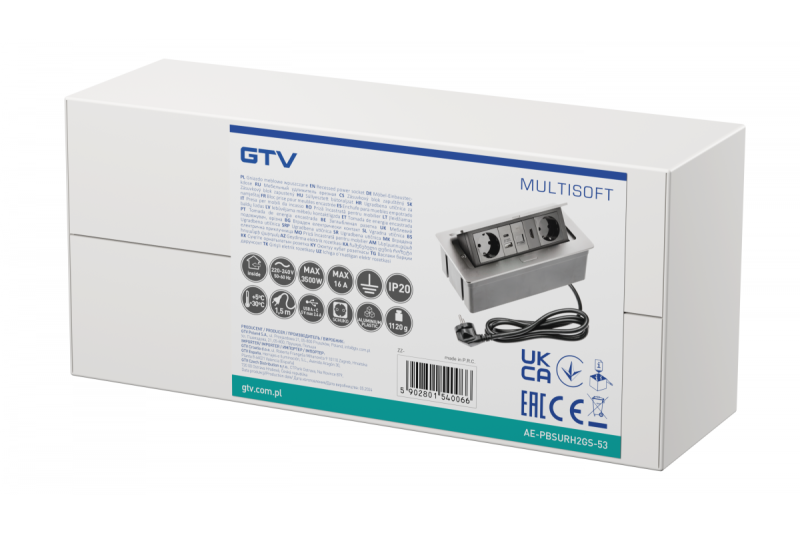 Møbelstik MULTISOFT, 2xSHUKO, USB A+C, RJ45, HDMI-kabel 1,5 m, aluminium