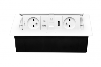 MULTISOFT møbelstikdåse 2x stik med jord, USB A+C, RJ45, HDMI, strømkabel med stik, hvid