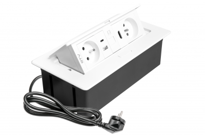 MULTISOFT møbelstikdåse 2x stik med jord, USB A+C, RJ45, HDMI, strømkabel med stik, hvid