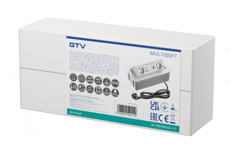 MULTISOFT møbelstikdåse 2x stik med jord, USB A+C, RJ45, HDMI, strømkabel med stik, hvid