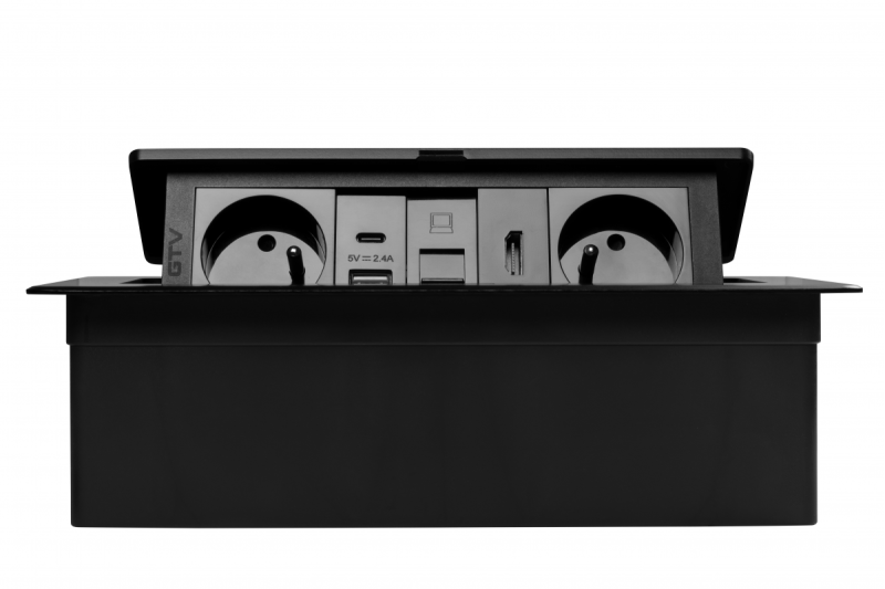 MULTISOFT møbelstik 2x stik med jordforbindelse, USB A+C, RJ45, HDMI, strømkabel med stik, sort