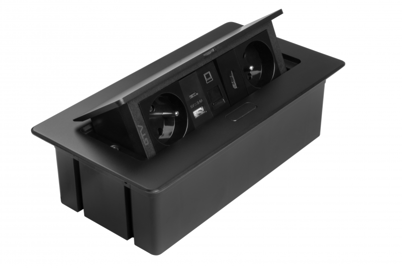 MULTISOFT møbelstik 2x stik med jordforbindelse, USB A+C, RJ45, HDMI, strømkabel med stik, sort