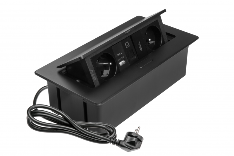 MULTISOFT møbelstik 2x stik med jordforbindelse, USB A+C, RJ45, HDMI, strømkabel med stik, sort