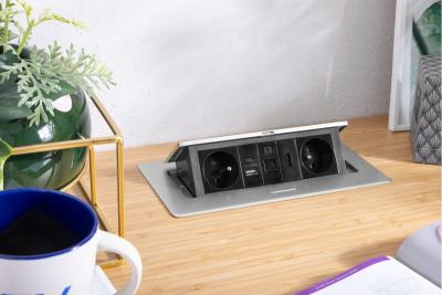 MULTISOFT møbelstik 2x stik med jordforbindelse, USB A+C, RJ45, HDMI, strømkabel med stik, aluminium
