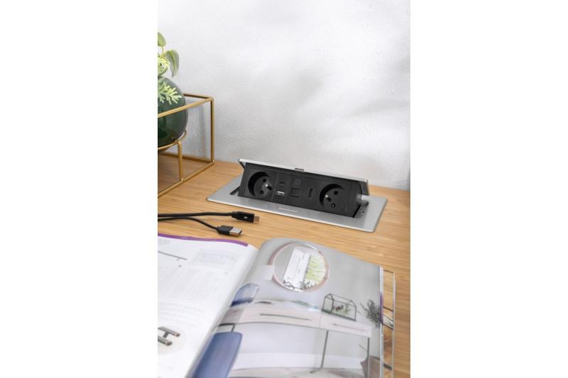 MULTISOFT møbelstik 2x stik med jordforbindelse, USB A+C, RJ45, HDMI, strømkabel med stik, aluminium