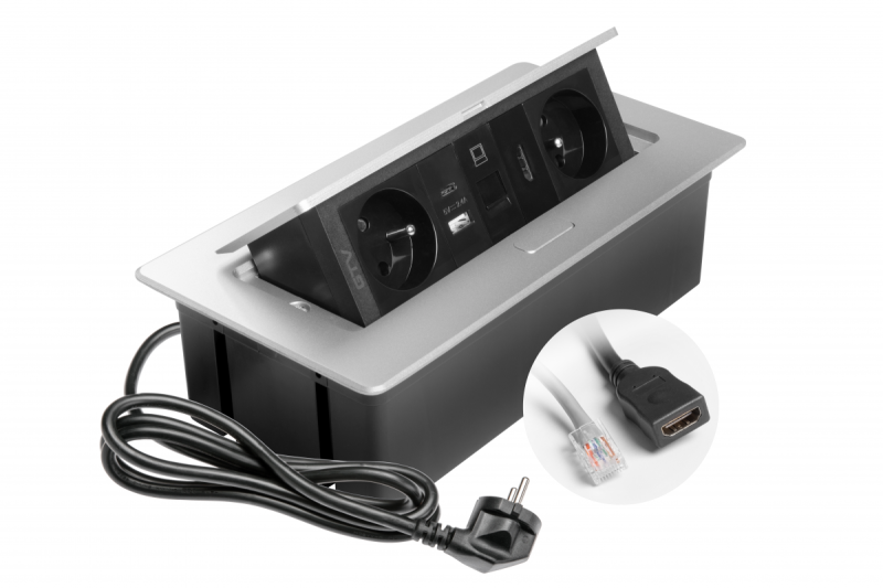 MULTISOFT møbelstik 2x stik med jordforbindelse, USB A+C, RJ45, HDMI, strømkabel med stik, aluminium