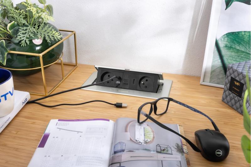 MULTISOFT møbelstik 2x stik med jordforbindelse, USB A+C, RJ45, HDMI, strømkabel med stik, aluminium